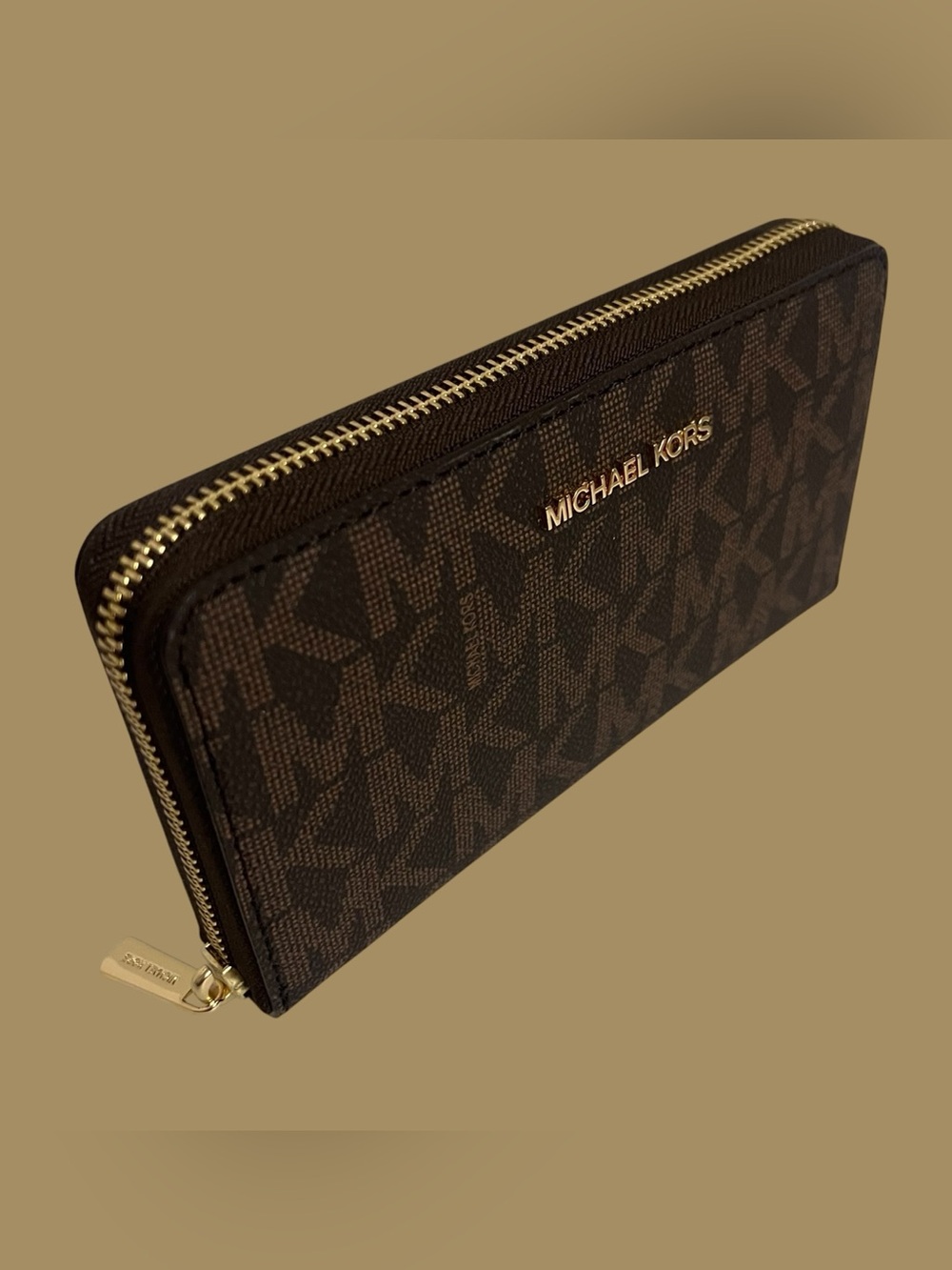 Michael Kors Dark Brown MK Logo Zip Wallet with Gold Hardware